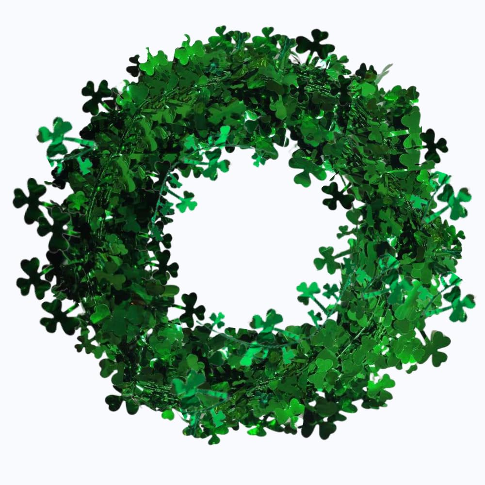 PMU 75 Ft Green Shamrock Garland – Shiny Tinsel Wire Garland for St. Paddy’s Day, Irish Holiday, Leprechaun Decorations Shamrock Green (3pc-25Ft Each)