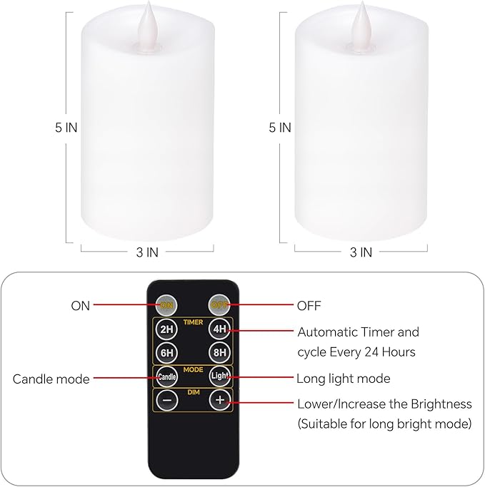 2PCS, 3 x 5 inches Flameless Candle with Remote Control, 3D Flickering Wick, Real Wax Pillar LED Candles, Battery Operated Candles,with Timer,for Holiday Home Decor,White