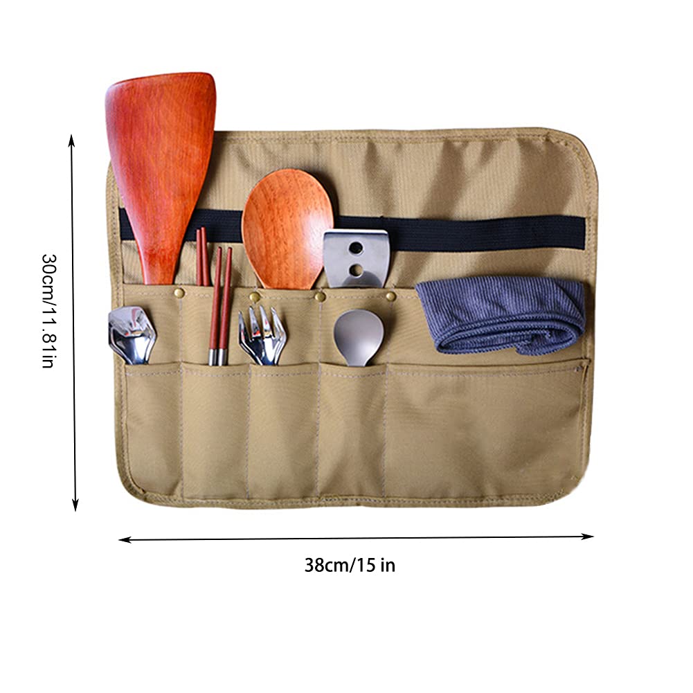 PWPAM Camping Tableware Storage Bag Picnic Cutlery Organizer Cooking Utensils Hanging Bag (Square, Khaki)