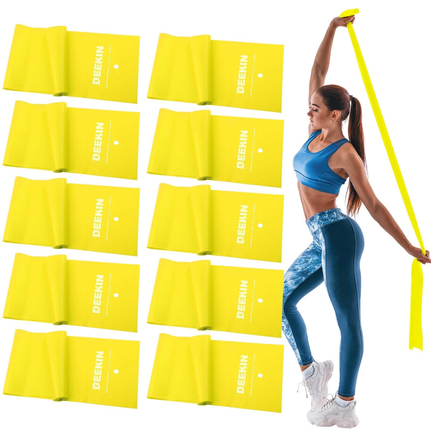 Deekin 10 Pcs 10 Lbs Resistance Bands Bulk Professional Exercise Elastic Bands Latex-Free Yoga Starter Set for Pilates, Physical Therapy, Strength Training, Yoga, Workout for Women Home Gym(Yellow)