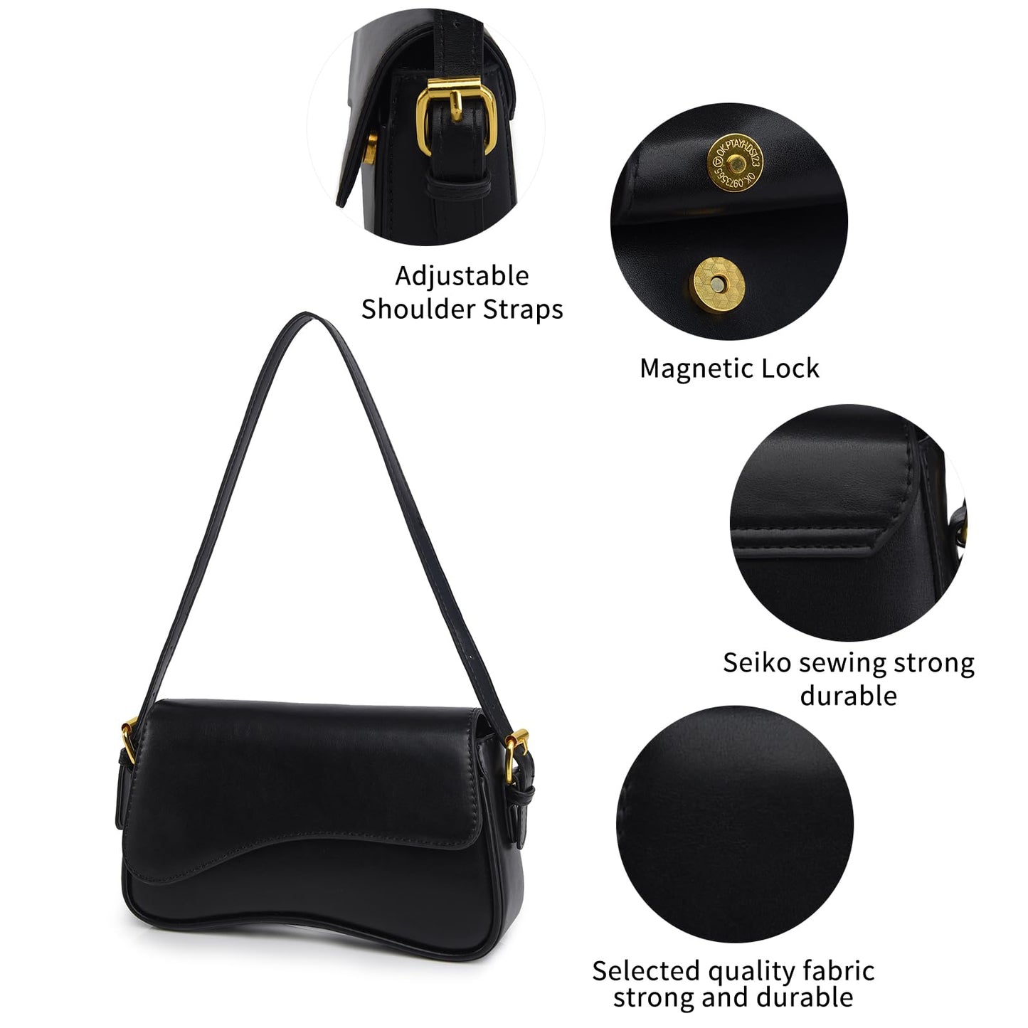 Shoulder Bag for women Clutch Purse Handbag PU Leather Tote Bag with 2 Removable Straps and Zipper Closure Crossbody Bags (A-Black)