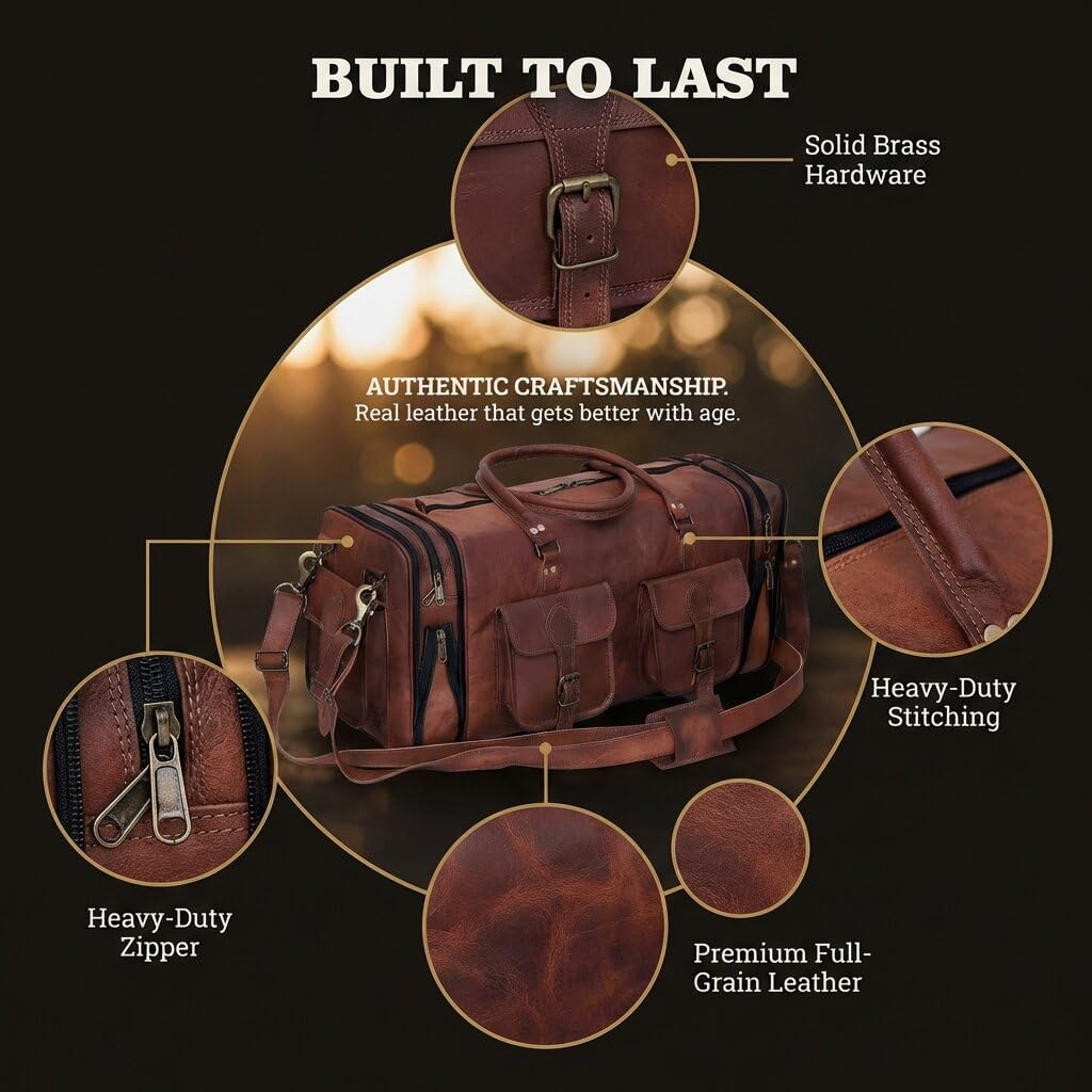 Genuine Leather Duffle Bag 24 Inch Handmade Vintage Travel Case Luggage Bags for Men, Overnight Carry On Duffel Bag Medium Weekender Gym Bag for Men and Women