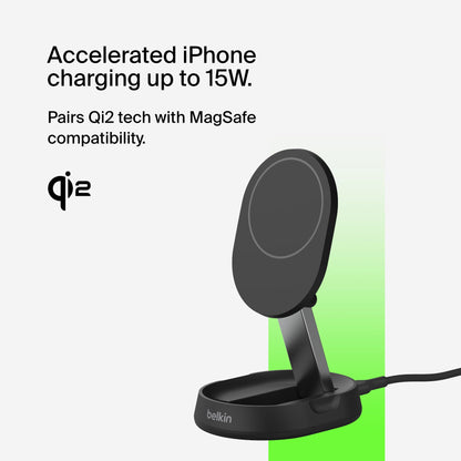 Belkin Magnetic Wireless Charging Pad 15W - MagSafe-Compatible Qi2-Certified Wireless Charging Station, iPhone Charger for Apple iPhone 16, 15, 14 Series, AirPods w/Non-Slip Base - Black (No PSU)