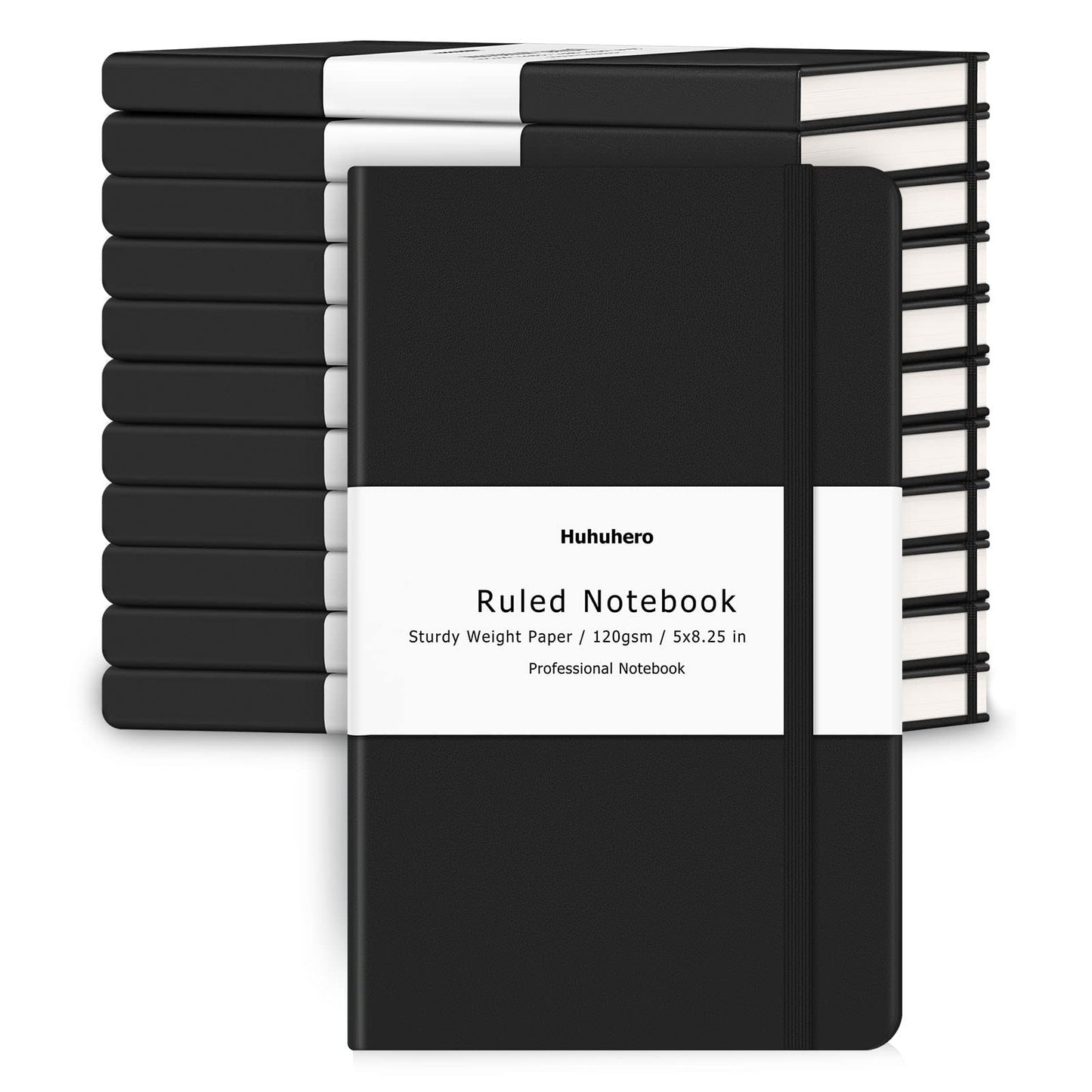Huhuhero Notebooks Journal, Ruled Notebook, Premium Thick Paper Lined Journal, Black Hardcover Notebook for Office Home School Business Writing Note Taking Journaling, 5"×8.25" (12, Black)