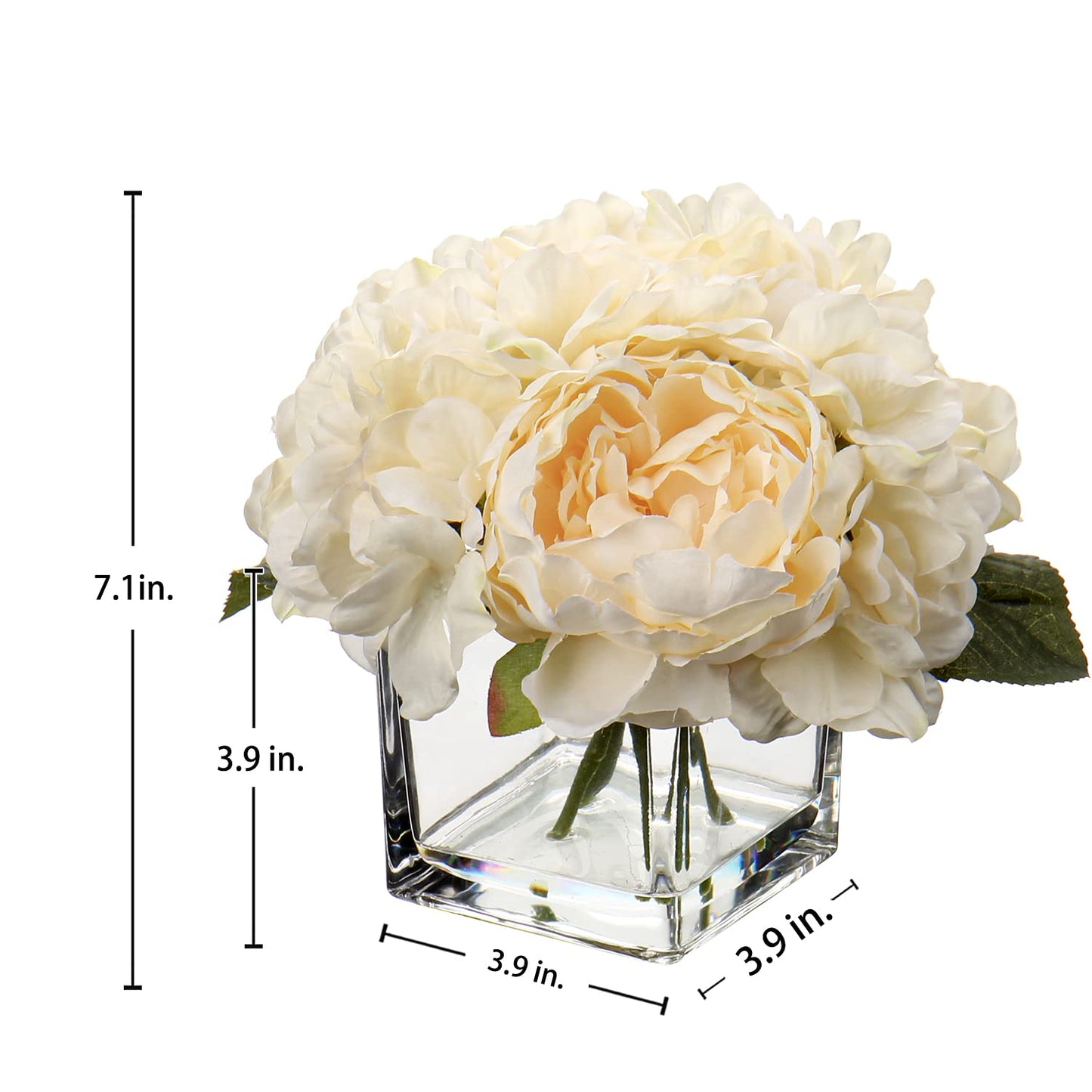Cream Fake Flowers with Vase Hydrangea Artificial Flowers in Vase Peony Faux Flowers in Vase Rose Silk Flowers Peonies Floral Arrangements Artificial with Vase for Home Office Table Shelf Decoration