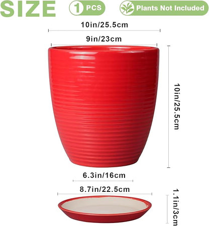 Ceramic Planter 10 Inch - Ceramic Pot for Plants Large Plant Pot Indoor with Drainage Hole and Saucer Round Outdoor Planter Modern Flower Pot for Garden House Red