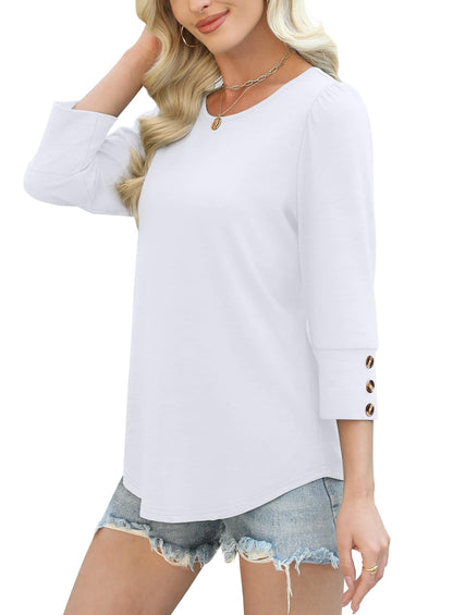 White T Shirts for Women Dressy Casual Plus Size Tops 3/4 Length Sleeve Summer Blouses Beach Vacation Clothes L