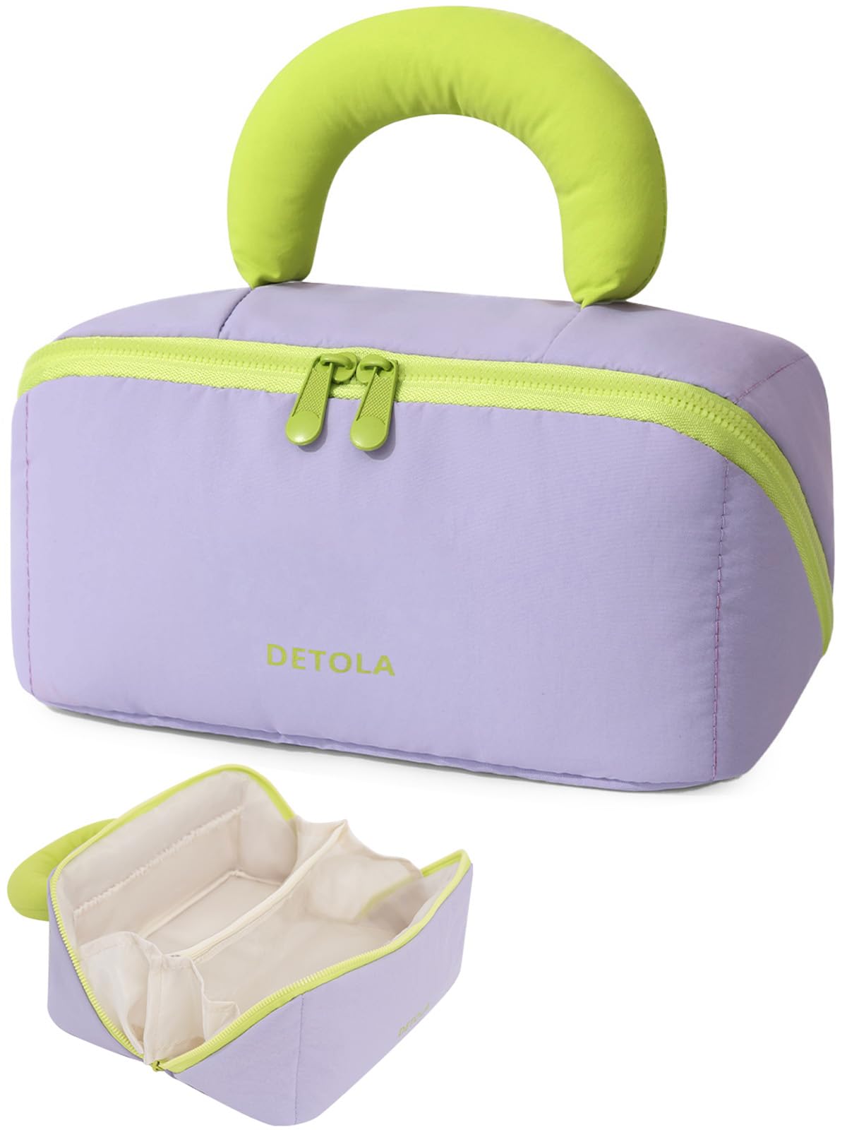 Detola Travel Makeup Bag, Cosmetic Bags for Women Lay Flat Makeup Bag with Compartments and Handle Waterproof Toiletry Bag Wide Open Portable Pouch Travel Essentials Gifts for Women, Purple