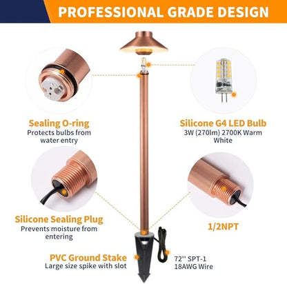 Gardenreet Brass Landscape Lighting Low Voltage, 12V AC/DC Waterproof LED Outdoor Copper Path Lights(Hat) for Sideway Garden with 3W G4 Bulb 2700K(10 Pack)