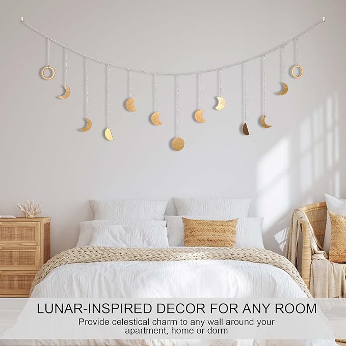Moon Phase Wall Decor with LED String Light, 13 Gold Wood Boho Wall Hanging Decor Mood Garland 56'' - Celestial Phases Moon Decoration in Bohemian Style for Bedroom Home Living Room Fall Art Gifts