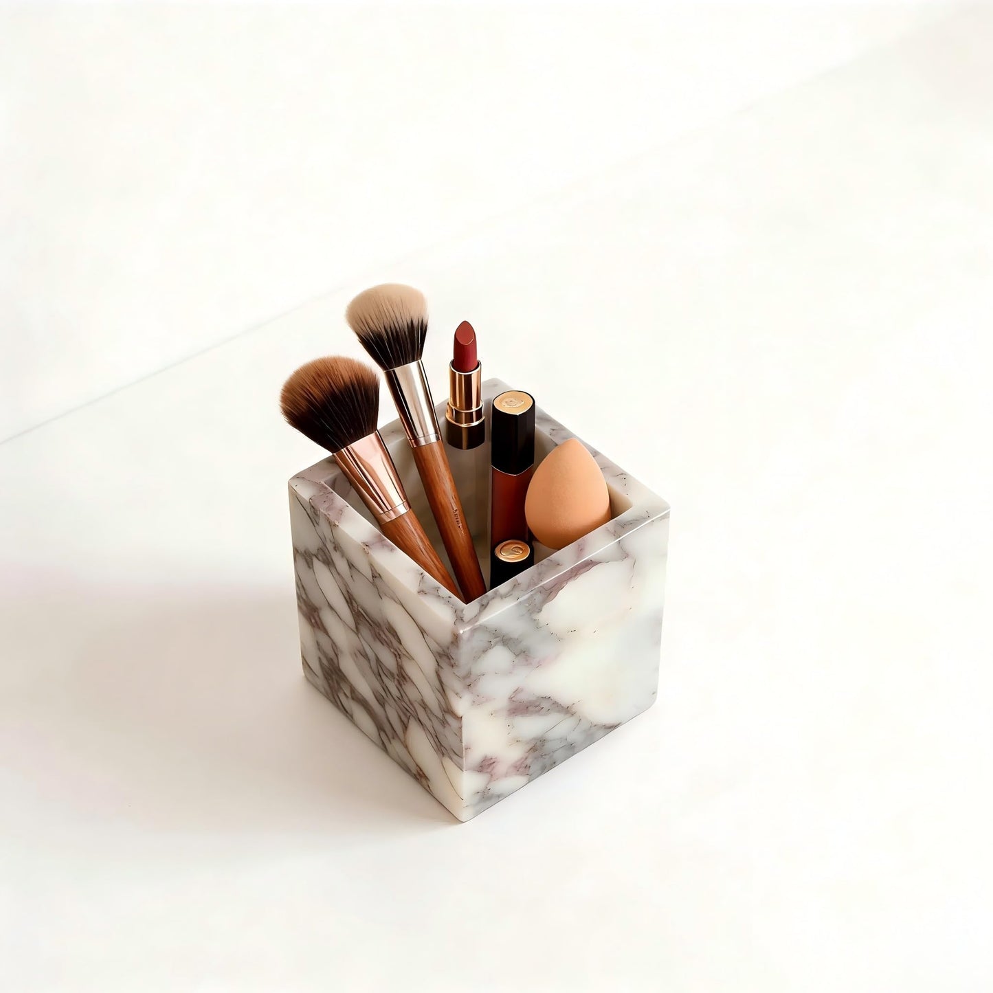 Artisanal Abode Marble Pen Holder, White Stone Rectangular Desktop Organizer, Office Study Makeup Brush Storage, Home Desk Decor, Minimalist Design, Durable Marble Accessory