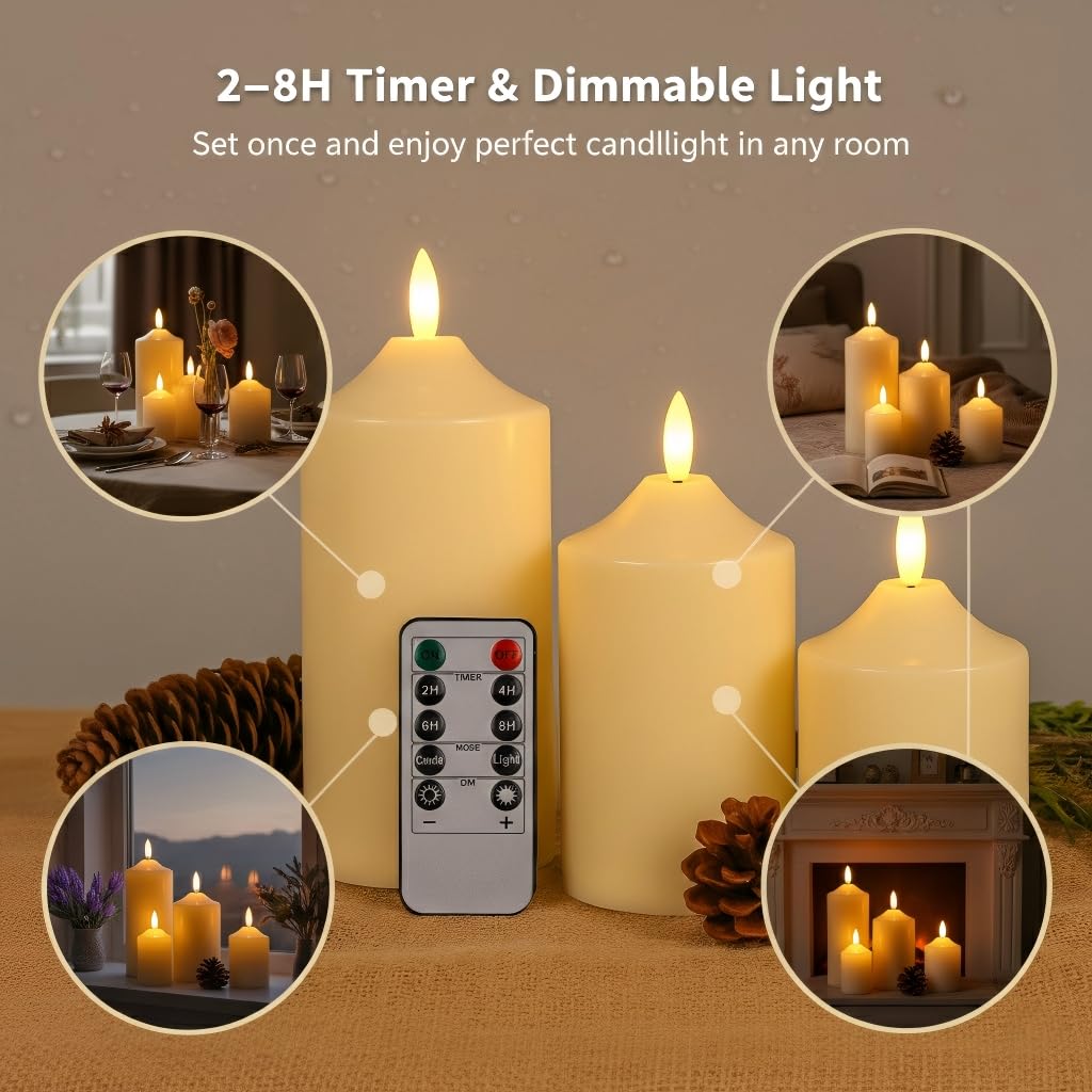 ANGELLOONG Battery Operated Candles with Timer, LED Flameless Candles Flickering with Remote, Fake Electric Pillar Candles for Holiday Party Wedding Home Decor, Dotted