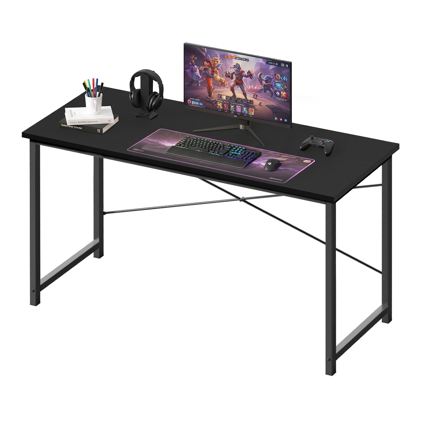 OLIXIS 55 Inch Computer Office Desk for Small Spaces, Writing Gaming Work Desk Modern Study Table with Storage Bag & Headphone Hook Home Bedroom, Black
