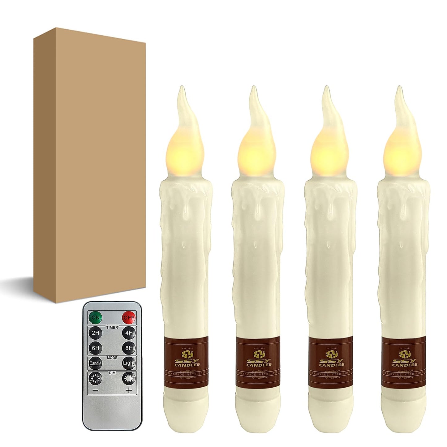 FCMSHAMD Ivory White Flameless Short Taper Candles, Real Wax Hand Dipped LED Battery Operated with Remote, Flickering Flame Lights for Festival Home Décor, 6.7 Inch Primitive Flameless Candles, 4PCS