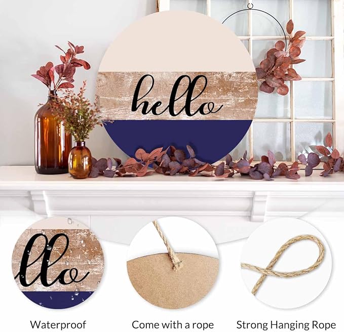 Welcome Sign for Front Door Porch Retro Beige Purple Hello 12in Round Wreath Wall Decor for Farmhouse Home Outdoor Indoor