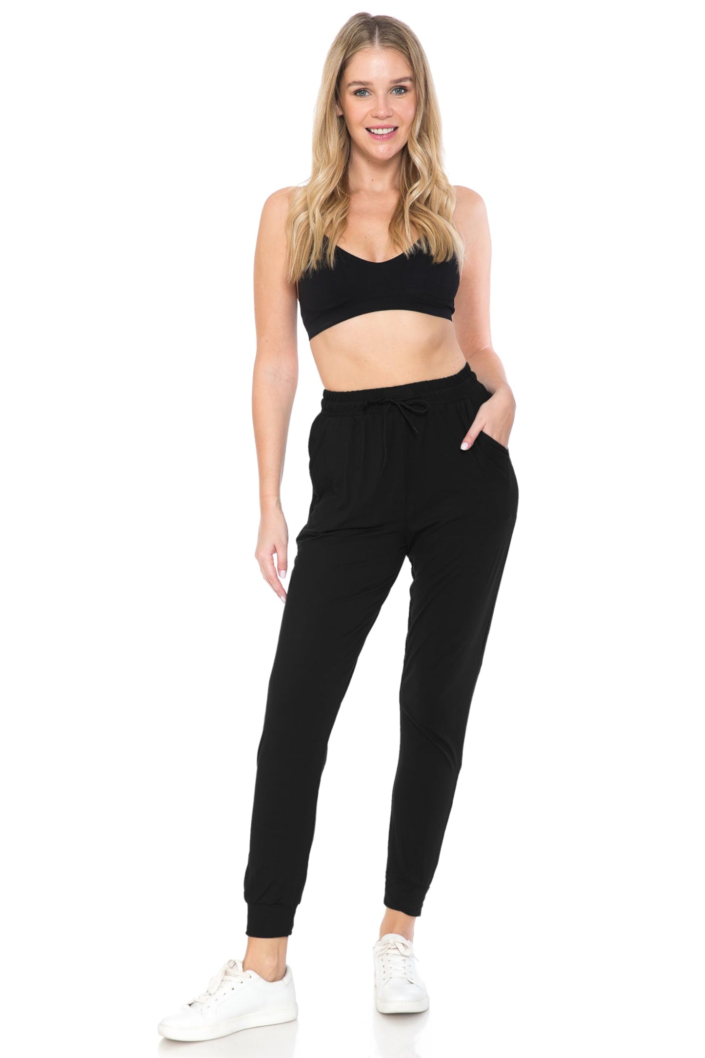 Leggings Depot Womens Classic Jogger Pants - Track Cuff Sweatpants with Pockets, Black, Medium