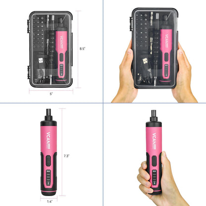 VCANENERGY 4V Pink Electric Screwdriver,2000mAh USB Rechargeable Battery,Cordless Power Screwdriver with LED Light,Adjustable Torque,38 in 1,Suitable for small projects