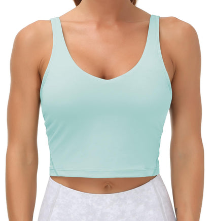 Women’s Longline Sports Bra Wirefree Padded Medium Support Yoga Bras Gym Running Workout Tank Tops (Light Blue, Large)