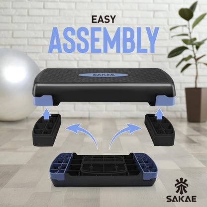 Blue Black Exercise Step Platform Set with Kettlebell & Measuring Tape, Adjustable Height 2 Level Risers Workout Step Trainer, Aerobic Steppers for Home Gym Exercise Fitness Workout