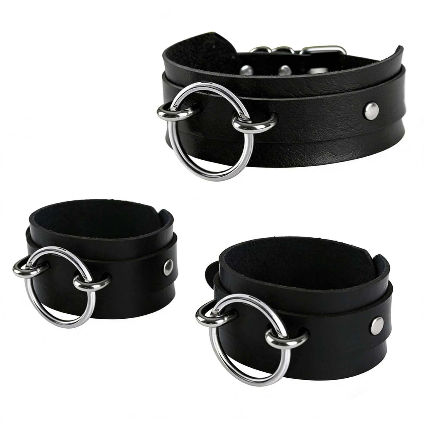 Tosmifairy Black Wide Soft Faux Leather Collar Choker Adjustable Thick PU Necklace and Bracelets Set for Women Men,Circle Ring Charm (Adjusted Neck: 17-21 Inches)