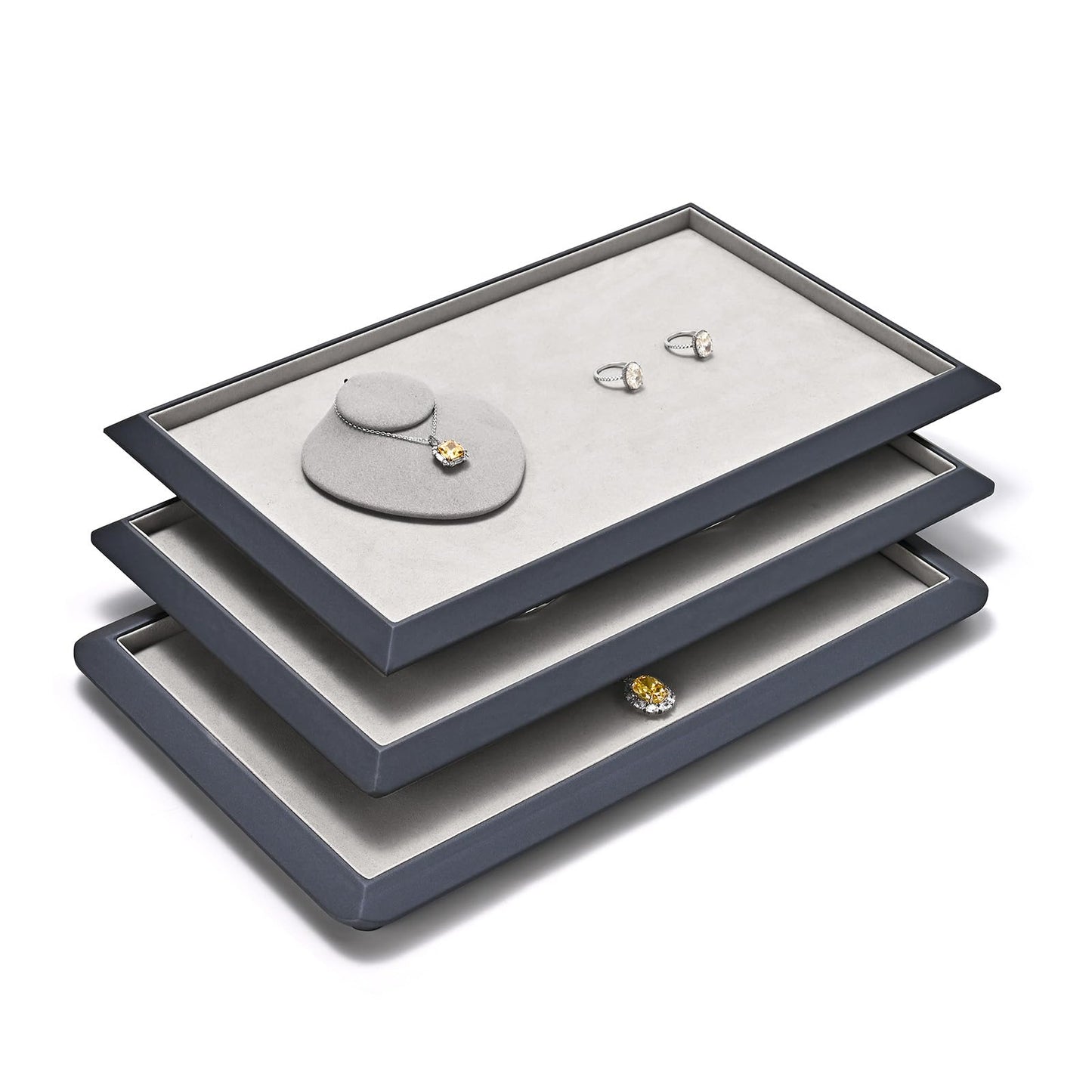 Oirlv Gray Leather Jewelry Display Tray with Microfiber Lining, Premium Square Corner Organizer