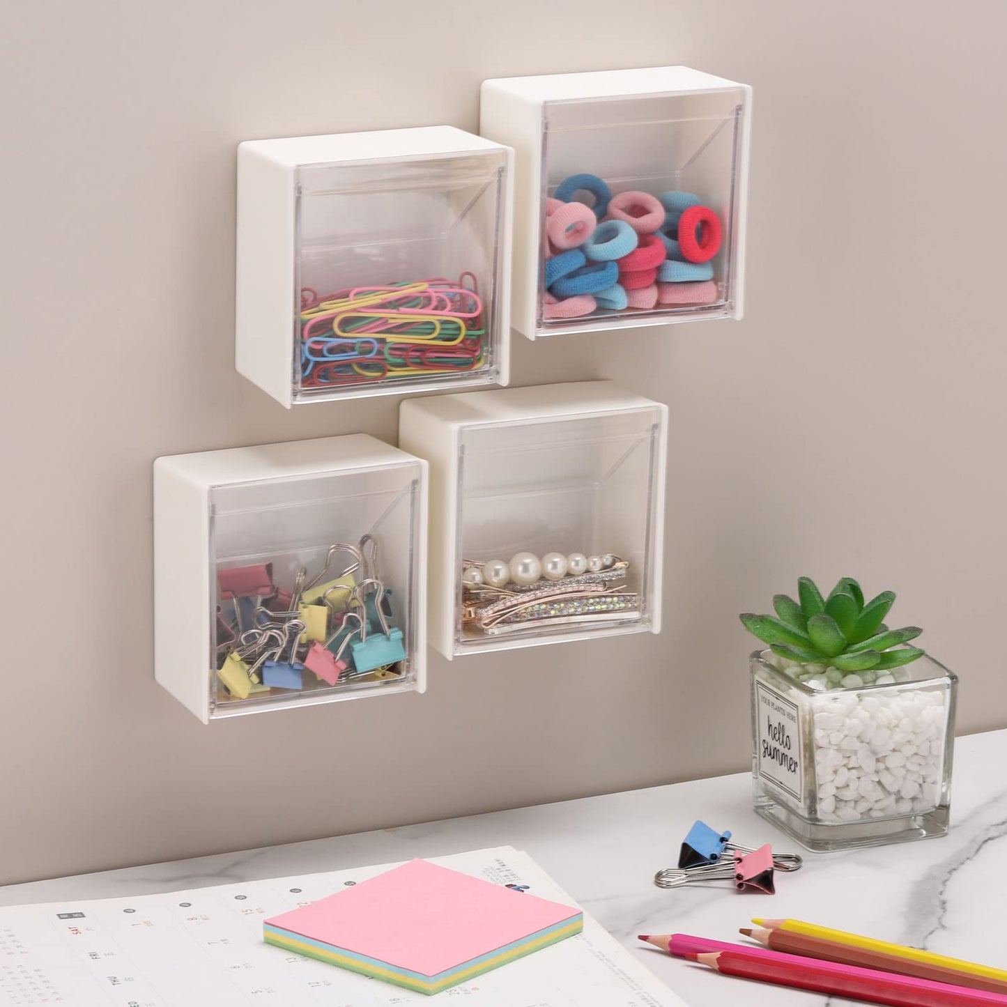 Tecbeauty 4PCS Cotton Pads Holder Dispenser, Wall Mounted Cotton Ball Organizers and Storage Box Rounds Jar Containers for Cotton Ball, Floss, Hairpin, Rubber Band, Clip（3.35in x1.8in x3.35in）