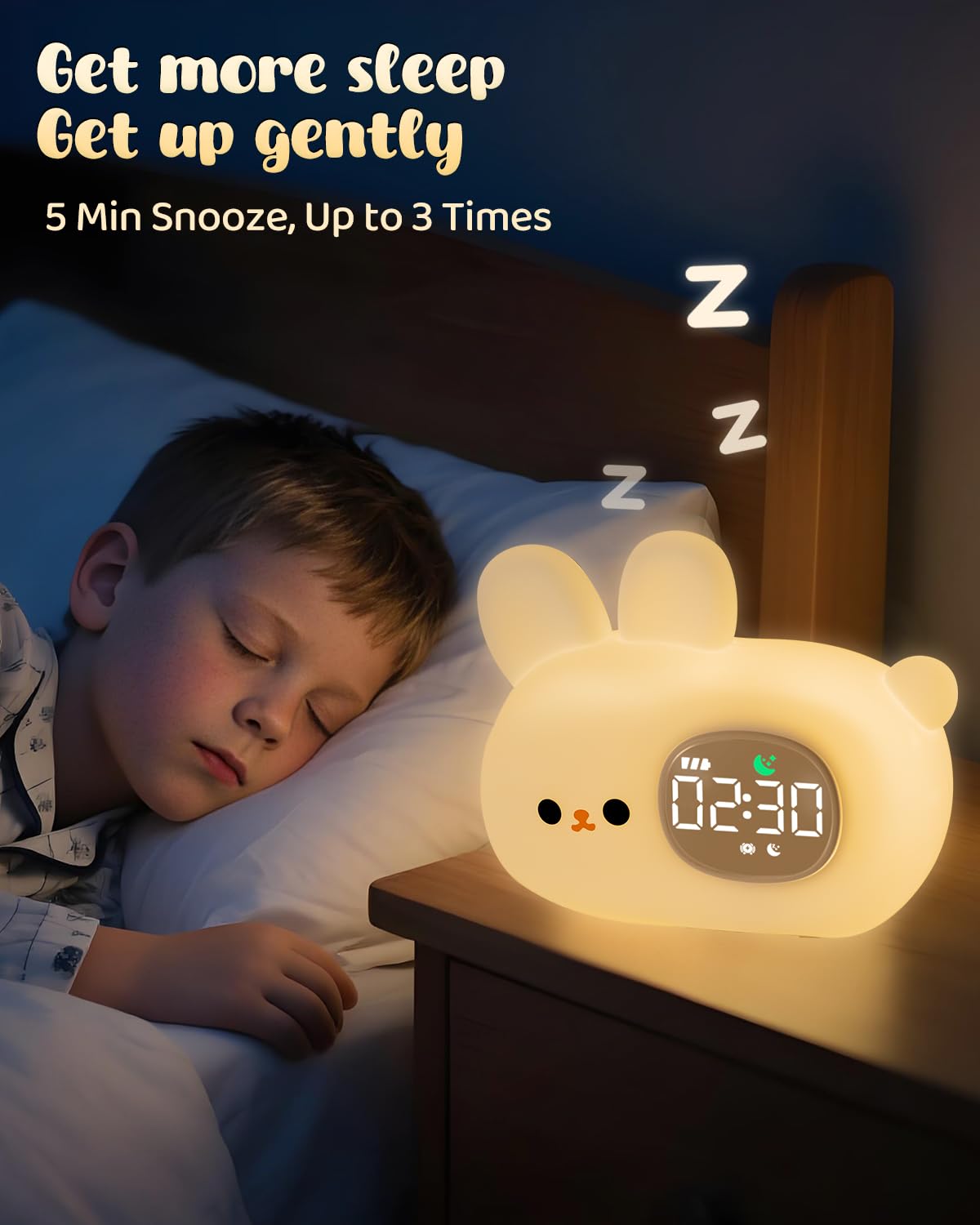 Yiliaw Bunny Alarm Clock for Kids with Night Light, Sleep Training Clock Time to Wake Clock, Rechargeable Silicone Light for Bedroom, Perfect Sleep Companion for Boys Girls
