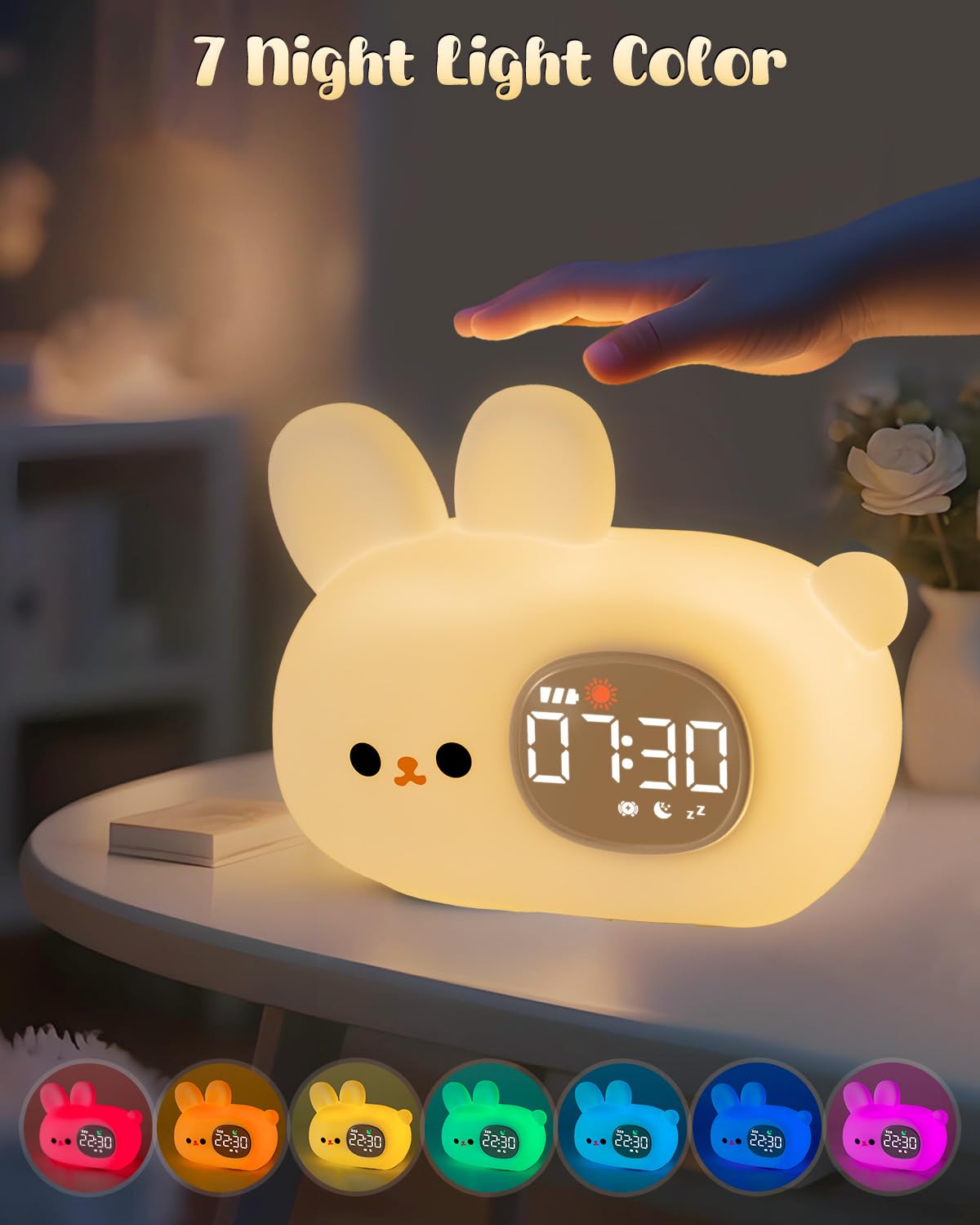 Yiliaw Bunny Alarm Clock for Kids with Night Light, Sleep Training Clock Time to Wake Clock, Rechargeable Silicone Light for Bedroom, Perfect Sleep Companion for Boys Girls