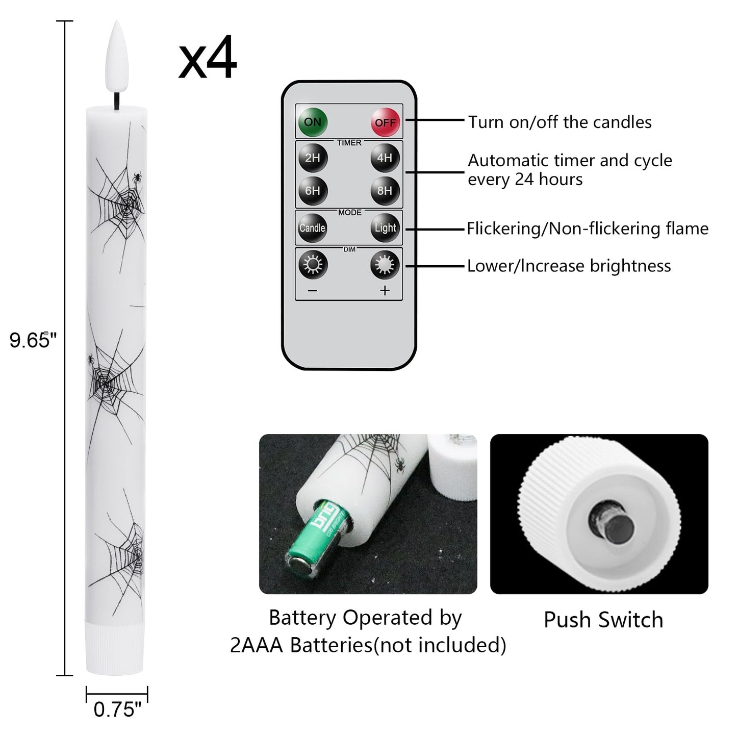 GenSwin Real Wax Flameless Taper Candles, 4 Pack Halloween LED Taper Candles Battery Operated with Remote Timer, Flameless Candlesticks with Spider Web Prints for Halloween Decoration (0.75” x 9.65”)