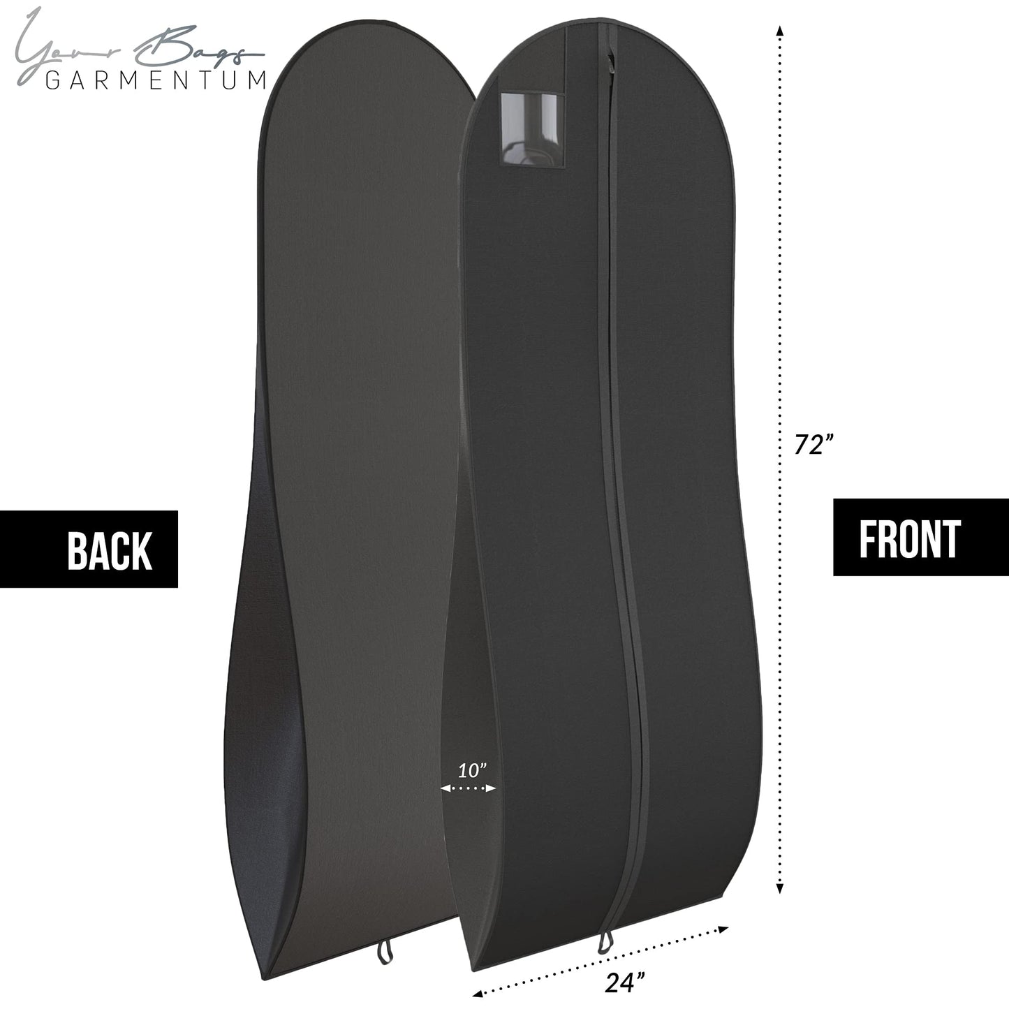 YOUR BAGS GARMENTUM Dress Bag for Gowns & Formal Dresses - 72" Extra Long Garment Bag for Hanging Clothes & Travel Women - Large Wedding Dress Garment Bags - 10" Gusset (Black)