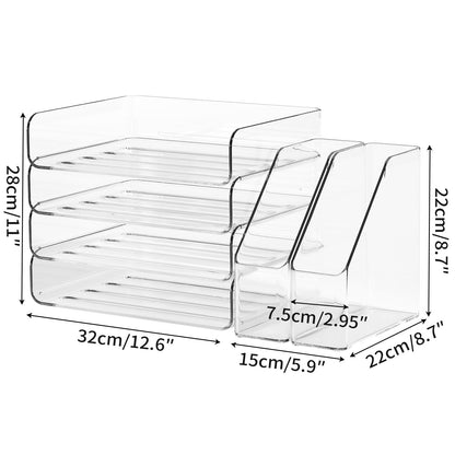 FANXIYQ 4-Tier Horizontal Acrylic Paper Tray Organizer with Bookends | Clear Stackable Desk Organizer for Documents, Letters, A4 Paper | Modern Office/Classroom/Home Organization