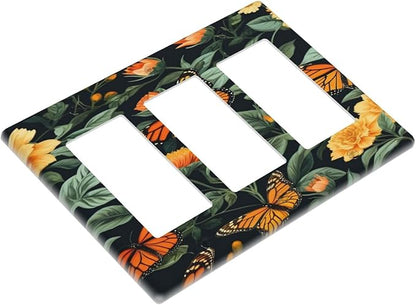 Butterflies Flower Garden 3 Gang Rocker Triple Outlet Wall Plate Decorative Switchplate Cover Faceplate GFCI Light Switch Covers for Farmhouse Living Decor