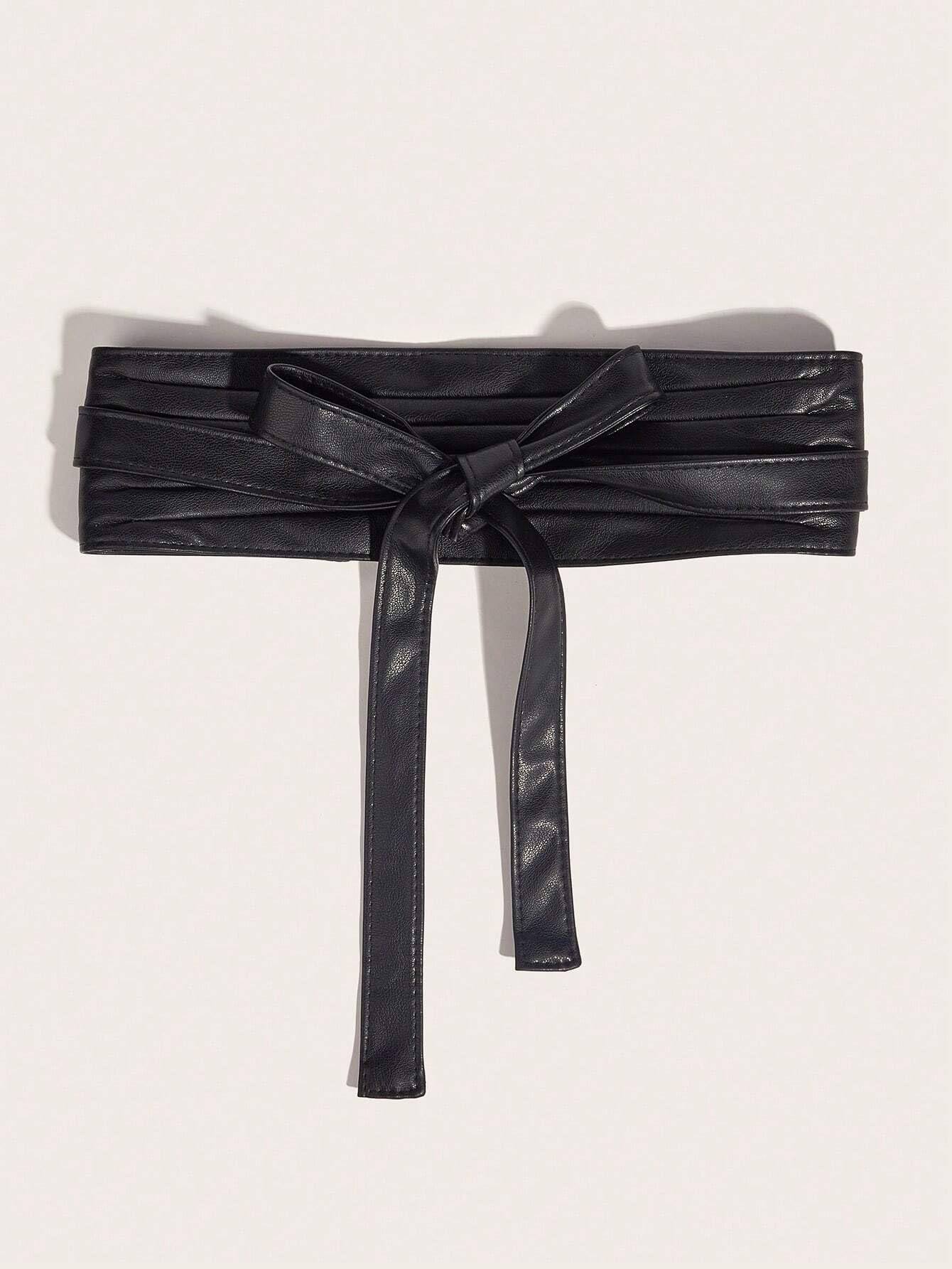 Fuimsul Women Elegant Pu Leather Obi Belt Fashion Solid Color Faux Leather Wide Waistband Tie Knotted Belt for Dress (Black)