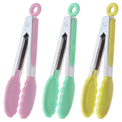 Small Silicone Tongs 7-Inch Mini Serving Tongs, Set of 3 (Black Gray White)