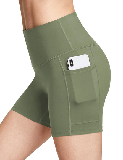 baleaf Biker Shorts Women Yoga Gym Workout Spandex Running Volleyball Tummy Control Compression with Pockets Soft 5" Navy Green M