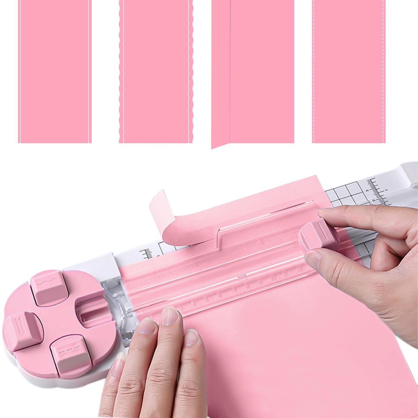 Paper Cutter,4-in-1 Paper Trimmer,Photo Cutter,Multi-Function Scrapbooking Tool with Dial Blades of Straight,Wave,Perforated,Creasing for Cutting Paper,Coupons,Postcards,Card (Pink)