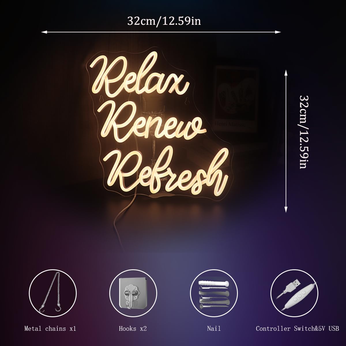 Relax Renew Refresh Neon Sign Led Dimmable Neon Lights for Bar Room Home Art Wall Decor Party Window Living Room Decor Christmas' Birthday Gift (Warm white)