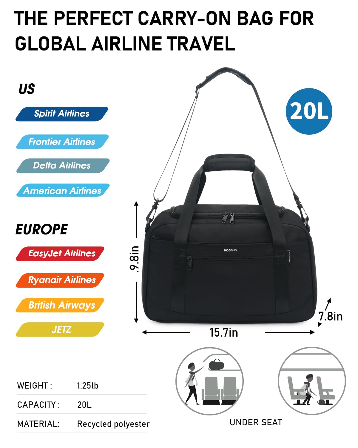 ECOHUB Personal Item Bag 16'' Small Duffel Bag Travel Bag WeekenderBag GymBag Tote Duffel bag Overnight Bags Travel Essentials for Women and Men Shoulder Bag Carry On Shoes Bag (Black)