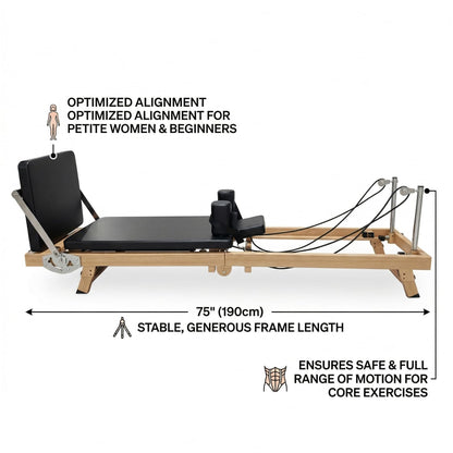 75" Foldable Pilates Reformer Machine for Home Use, Professional Stainless Steel with Wood-Grain Finish, Hybrid Resistance (Springs & Latex), Wellness Gift for Petite Women up to 5'9"