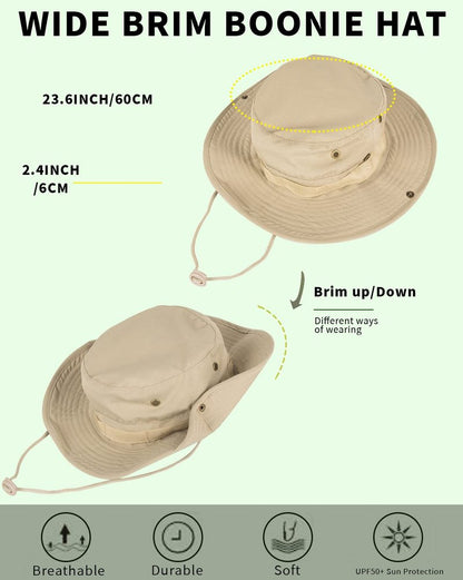 Sun Hats for Men Women Bucket Hat UPF 50+ Boonie Hat Foldable UV Protection Hiking Beach Fishing Summer Safari(2pack-Beige+Gray Digital)