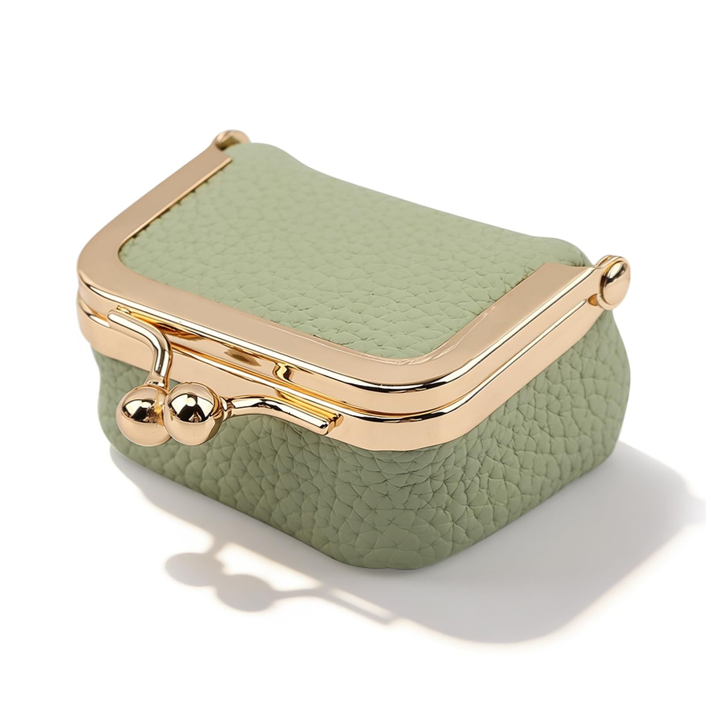 Genuine Leather Mini Jewelry Box with Kiss Lock, Portable Travel Jewelry Case Coin Purse for for Rings, Earrings, Pendants, Necklaces, Small Organizer Box for Girls Women(Green)