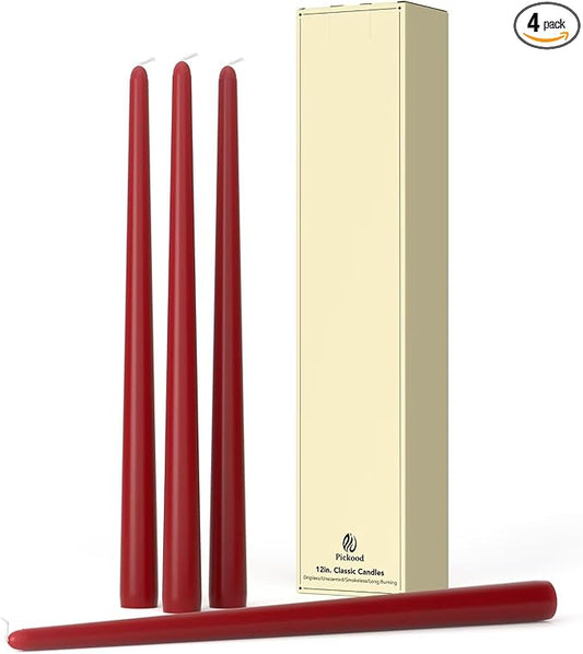 12-Inch Tall Dripless Taper Candles Set of 4 - Dark Red Tapered Candles, Perfect for Christmas - Smokeless, Unscented, Long Burning - Hand Poured, Colored Tall Candlesticks - Bordeaux