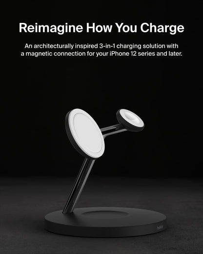 Belkin MagSafe-Compatible Charger, 3-in-1 Wireless Charging Station, Qi2-Certified 15W Wireless Charge for Apple iPhone 17 Series, Apple Watch, AirPods w/Non-Slip Base, 40W Included - Black