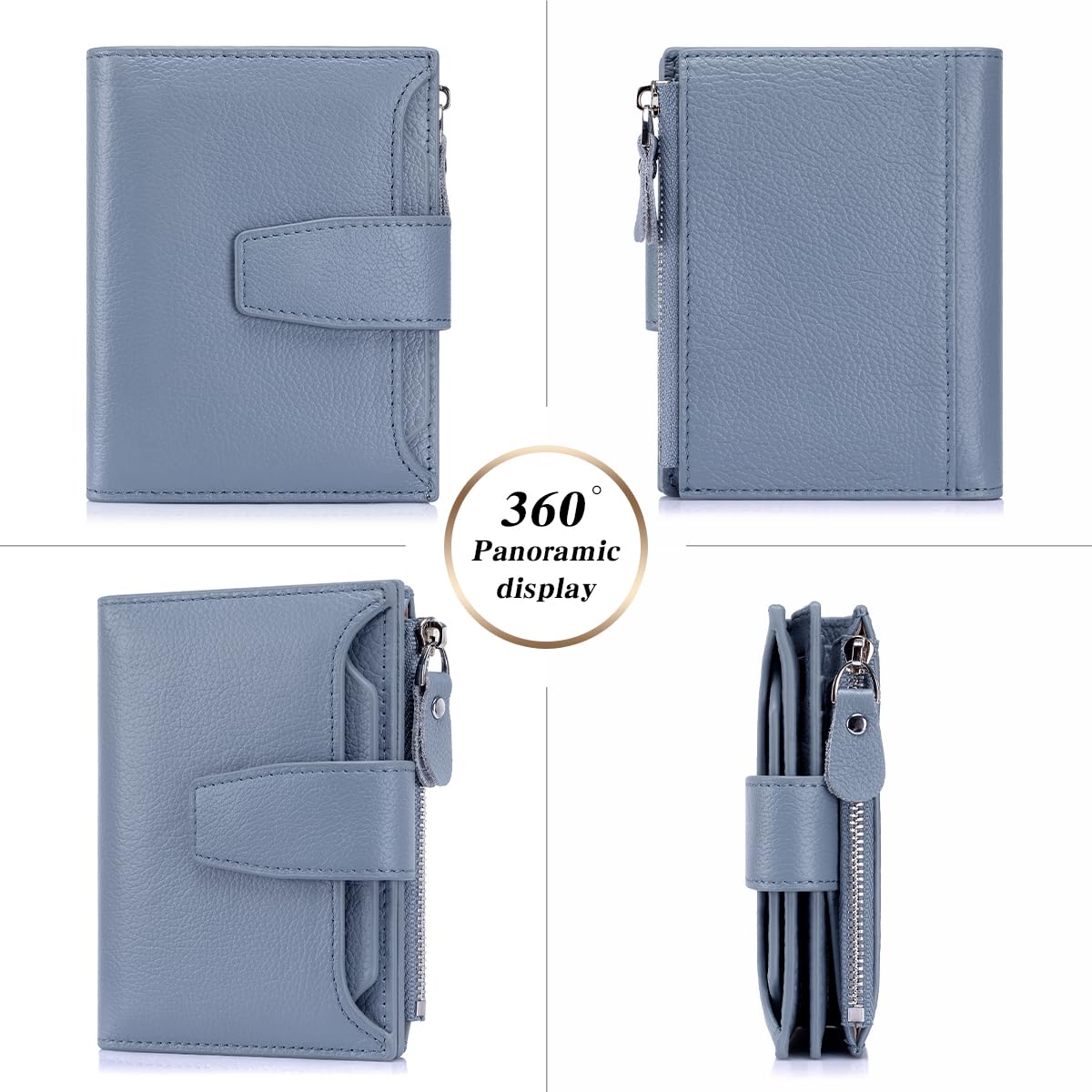 FREYAMIRA Rfid Blocking Wallet for Women Bifold Leather Wallet Compact Card Holder with Zipper Coin Pocket & 4 ID Windows,Blue