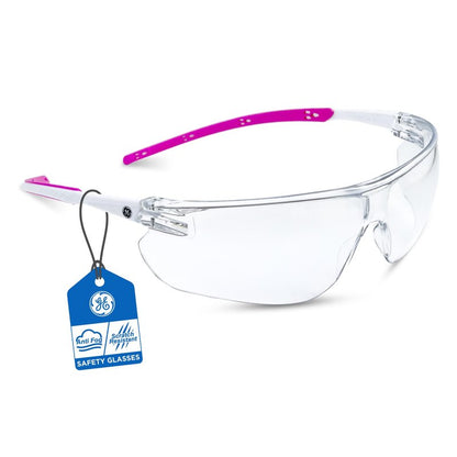 GE Safety Glasses - Scratch-Resistant Durability, Clear Protective Lenses, UV Shielding, Eye Protection, Outdoor, Indoor, Labs & Construction Safety Work Glasses for Men and Women - White/Pink