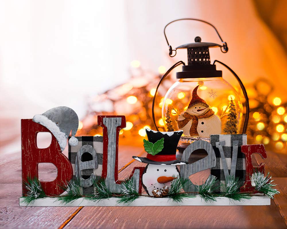 Wooden Tabletop Christmas Believe Sign Rustic Xmas Believe Merry Christmas Snowman Decorations for Home Rustic Believe Block Sign Farmhouse Fireplace Mantel Decor Xmas Winter Holiday Party Decor