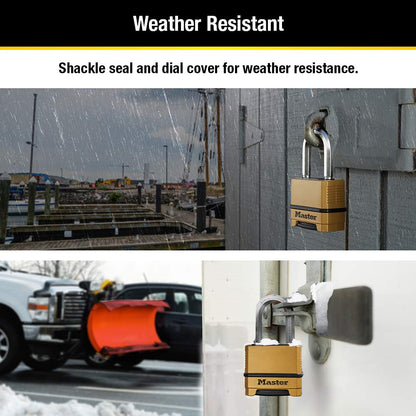 Master Lock Combination Lock, Heavy Duty Weatherproof Padlock, Resettable for Outdoor Use, Brass Finish, M175XDLF