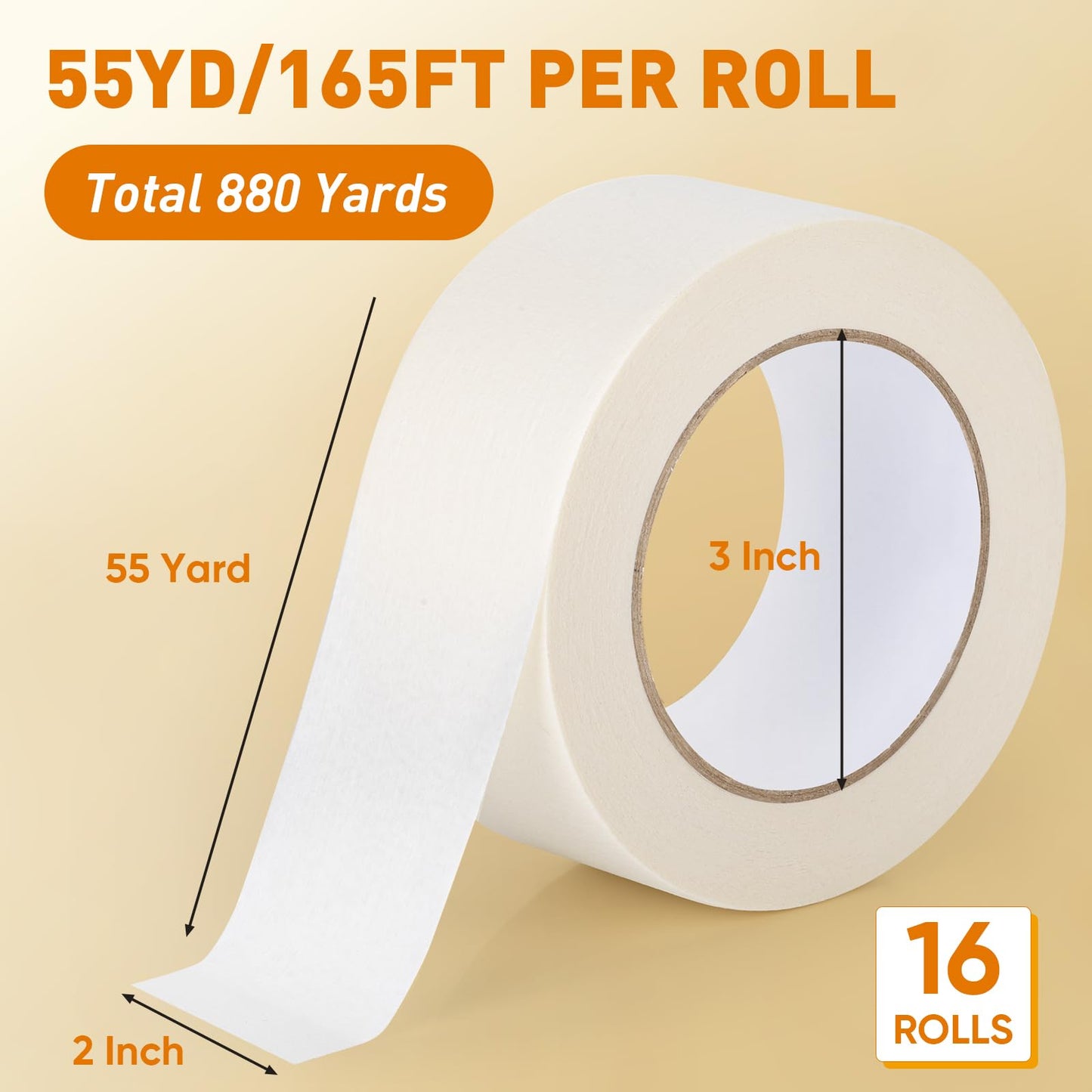 NEOACT 16 Pack Masking Tape 2 Inch Wide, Beige White Masking Tape Bulk General Purpose Tape for Arts, Craft, Painting, Office, School, Home, 55 Yards x 16 Rolls (880 Yards Total)