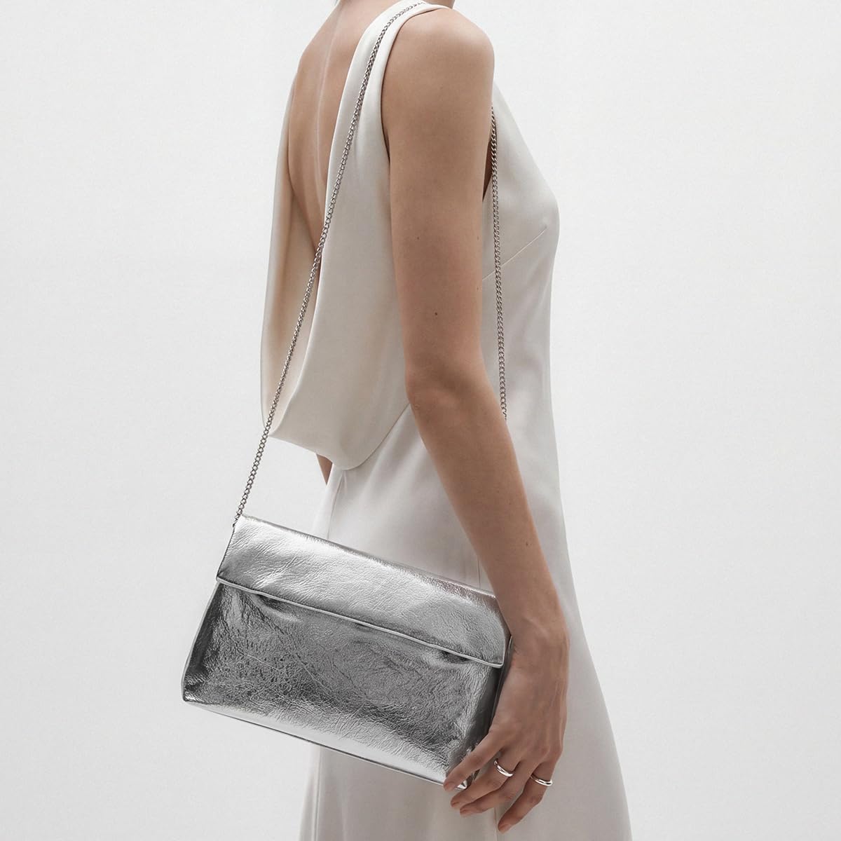 MXCMXC Women's Evening Clutch Bag Metallic Crinkled Leather Clutch Purse, Fold-over Handbag Envelope Purse with Hidden Magnetic (Silver)