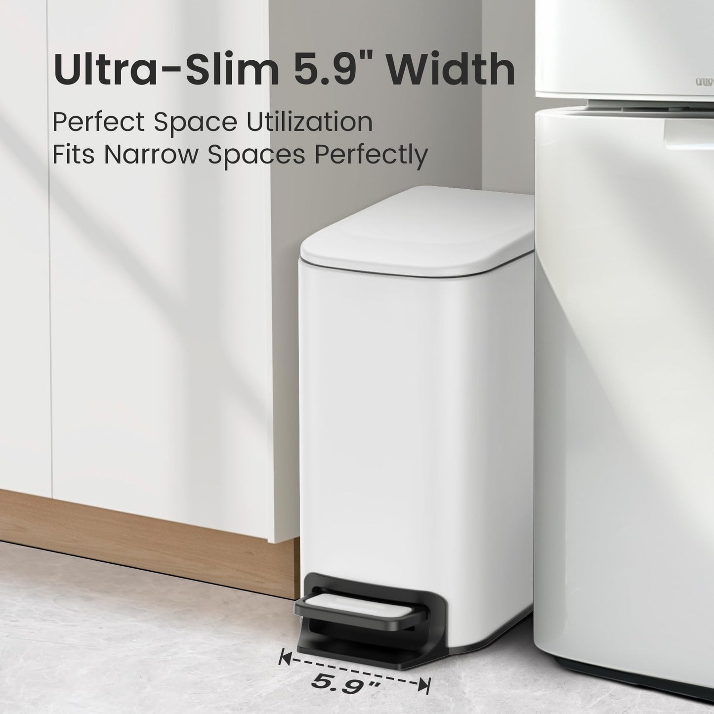Cesun Small Bathroom Trash Can with Lid Soft Close, Step Pedal, 6 Liter / 1.6 Gallon Stainless Steel Slim Garbage Can for Bedroom, Diaper Waste Basket with Removable Inner Bucket (White)